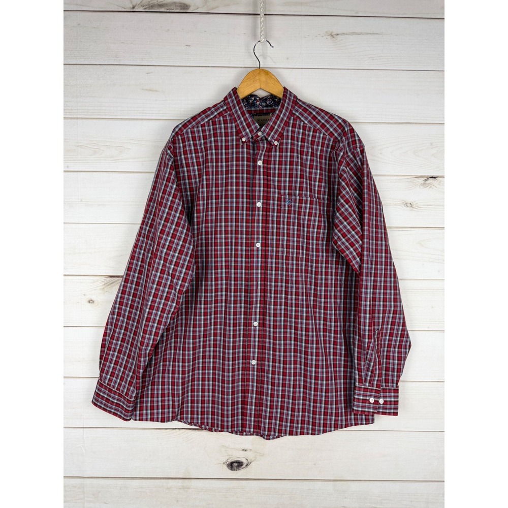 Ariat Shirt Mens XL Red Blue Plaid Wrinkle Free Button Down Long Sleeve Cotton